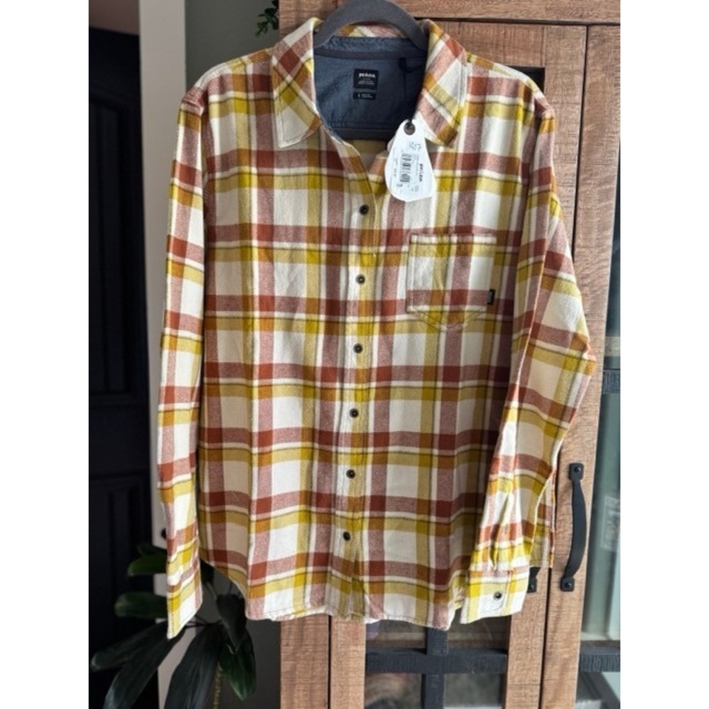 Prana Womens Golden Canyon Flannel Shirt Sweet Cream Plaid Organic Cotton L NEW - Picture 2 of 12
